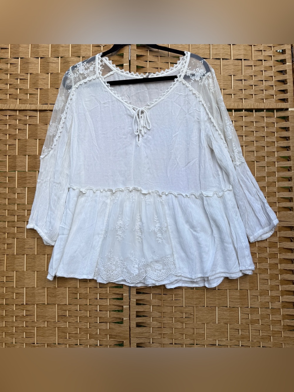 Free People White Blouse Romance of the Rose Lace Up 3/4 Sleeve Women’s Medium